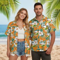 Colorful rubber ducky Hawaiian shirt with playful duck pattern and tropical flowers