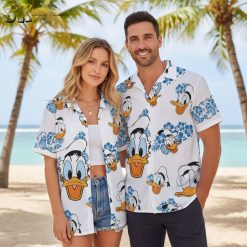 Rubber ducky Hawaiian shirt with cartoon duck characters and tropical floral print