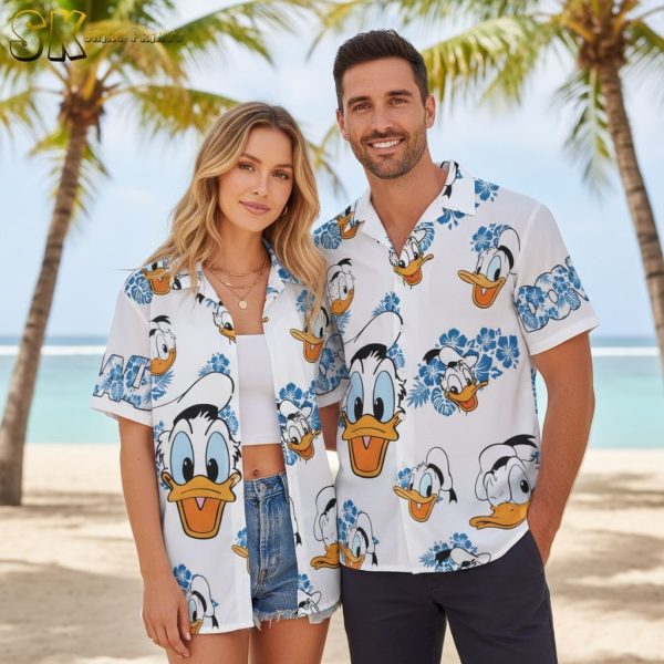 Donald Duck Hawaiian Shirt Cartoon Character Blue Floral Button Up Shirt Summer Beach Vacation Aloha Shirt