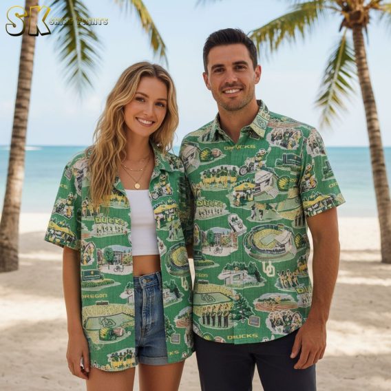Rubber ducky Hawaiian shirt worn outdoors in natural summer setting