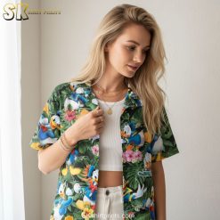 Size chart and specifications for rubber ducky Hawaiian shirt showing measurements and fabric details