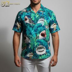 Person modeling San Jose Sharks themed Hawaiian shirt in lifestyle photo