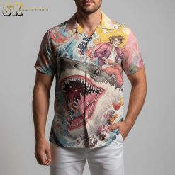 Sports fan wearing San Jose Sharks themed aloha shirt in lifestyle photo