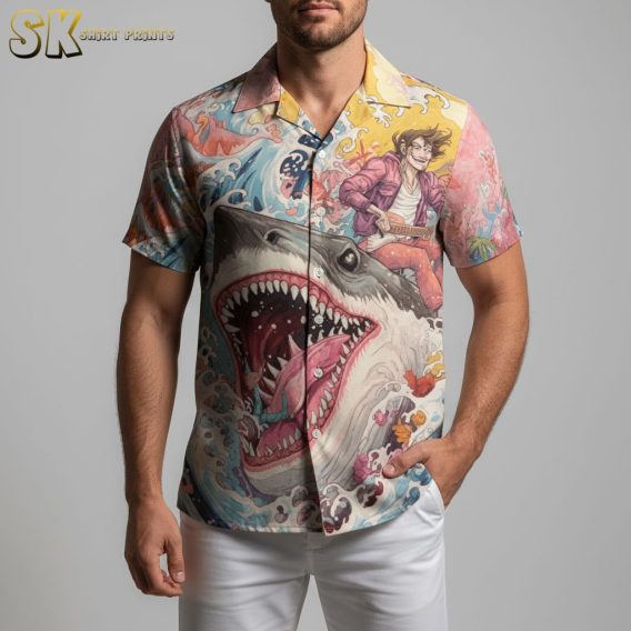 Sports fan wearing San Jose Sharks themed aloha shirt in lifestyle photo