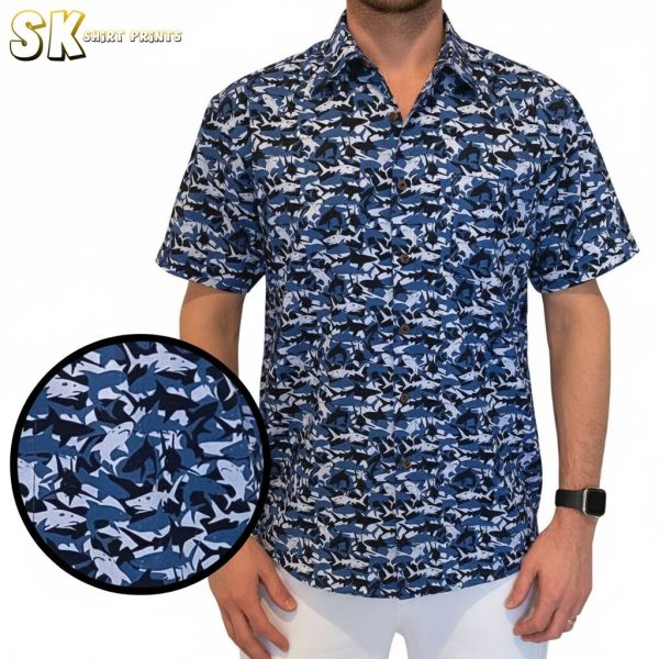 Tropical Shark Attack Hawaiian Shirt - Ocean Blue Button Down Beach Shirt for Men Women