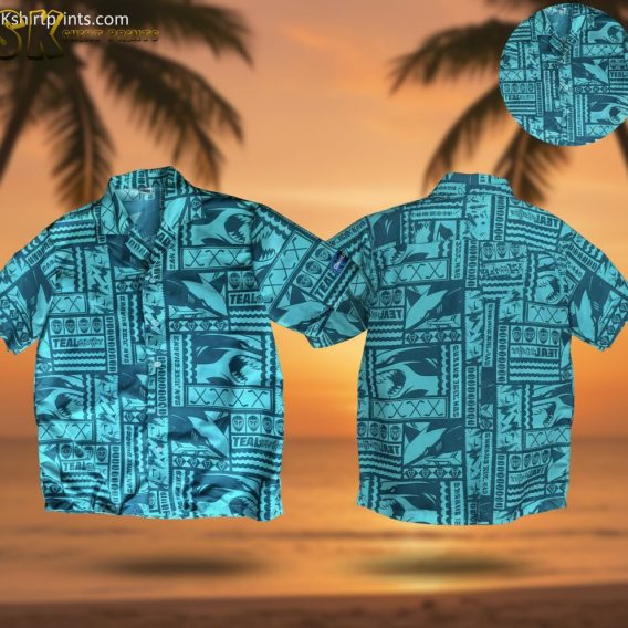 San Jose Sharks Hawaiian shirt with tropical pattern in teal green color