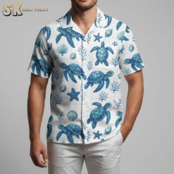 Person modeling sea turtle Aloha shirt in beach-themed lifestyle photo with tropical background