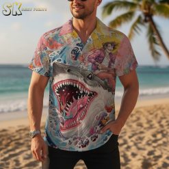 Multiple shark print aloha shirt designs displayed side by side in collection overview