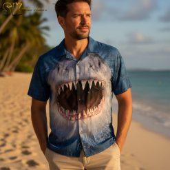 Collection of shark Hawaiian shirts in various colors and patterns