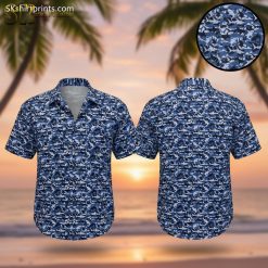 Shark Hawaiian shirt featuring tropical shark print design for men and women