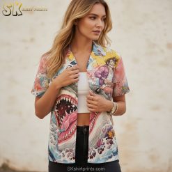 Size chart infographic showing fabric details and features for shark print aloha shirt
