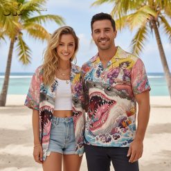 Model showcasing shark pattern aloha shirt in summer vacation outfit styling