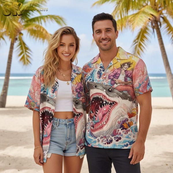 Shark Hawaiian Shirt - Tropical Ocean Print Button Up Beach Shirt for Men Women Summer Vacation