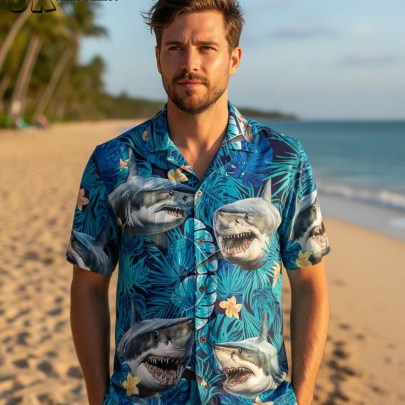 Sharks Hawaiian shirt collection showing multiple color variations and tropical designs