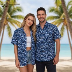 Sharks Hawaiian shirt displaying various shark species in ocean-themed tropical print