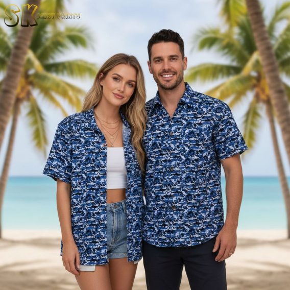 Sharks Hawaiian shirt displaying various shark species in ocean-themed tropical print