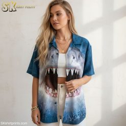 Size chart and specifications for sharks Hawaiian shirt showing measurements