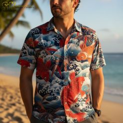 Shirt with fish print collection showing multiple color variations and designs