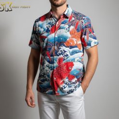 Shirt with fish print colorful tropical design mens button up ocean themed pattern