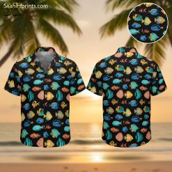 Colorful shirt with fish print featuring tropical design on Hawaiian button up summer shirt