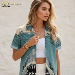 Size chart and specifications for shirts with sharks on them showing measurements