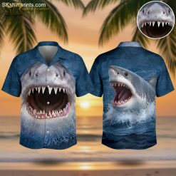 Colorful Hawaiian shirt with shark graphics and tropical patterns for men