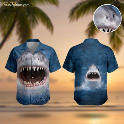 Colorful Hawaiian shirt with shark graphics and tropical patterns for men