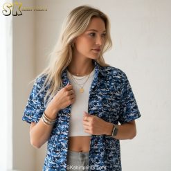 Product specifications and size chart for shirts with sharks showing measurements and features