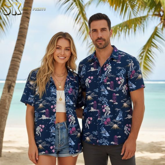 Person wearing Star Wars Hawaiian button shirt with tropical galaxy design, summer casual outfit styling