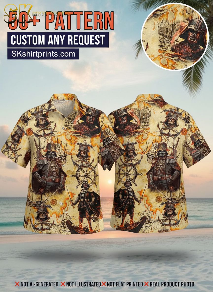 Male model wearing Star Wars Hawaii shirt with tropical patterns in outdoor lifestyle setting