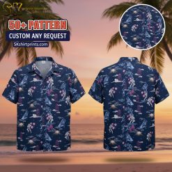 Male model wearing Star Wars Hawaiian shirt with tropical galaxy print, relaxed fit, outdoor lifestyle setting