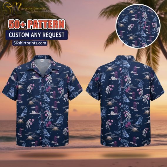 Male model wearing Star Wars Hawaiian shirt with tropical galaxy print, relaxed fit, outdoor lifestyle setting