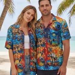 Product specifications infographic showing Star Wars Christmas Hawaiian shirt size chart and fabric details