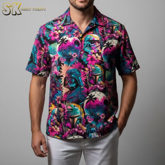 Detailed specs infographic showing size chart measurements and fabric features for Star Wars themed Aloha shirt