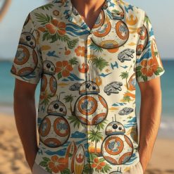 Star Wars themed Hawaiian shirt flat lay with tropical office space styling and all-over galactic print