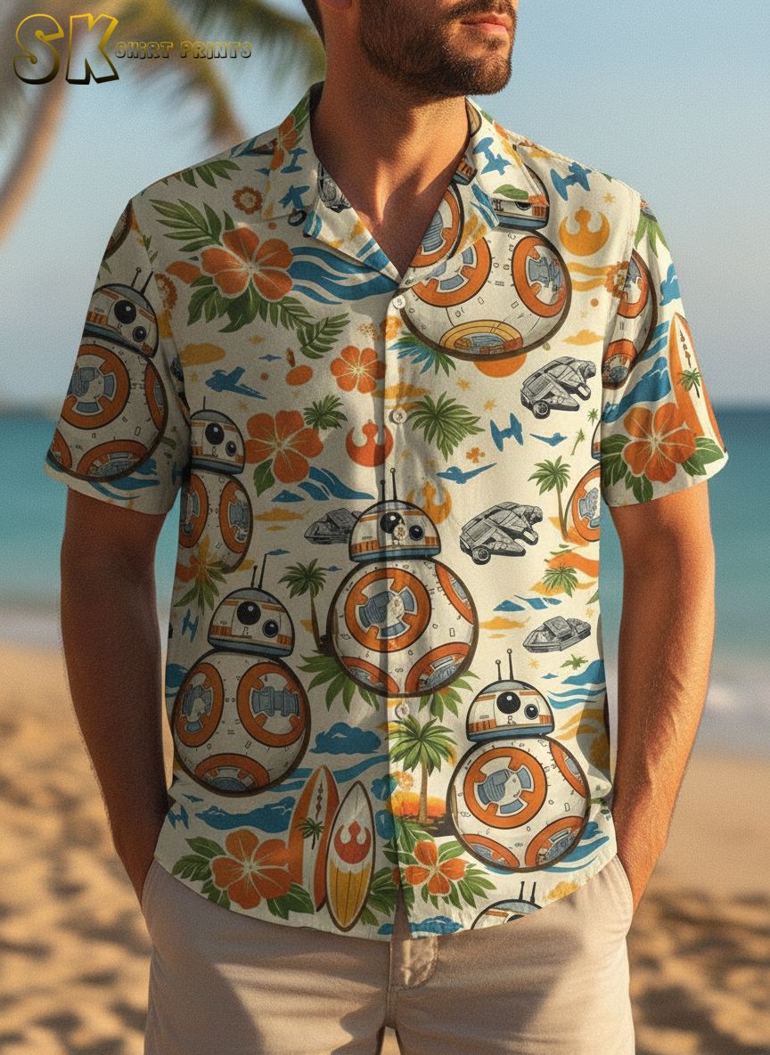 Star Wars themed Hawaiian shirt flat lay with tropical office space styling and all-over galactic print
