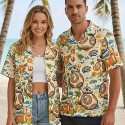 Disney Star Wars Hawaiian shirt specs infographic showing size chart, material details, and camp collar features