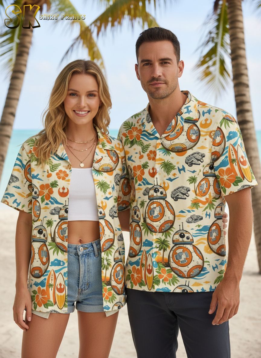 Disney Star Wars Hawaiian shirt specs infographic showing size chart, material details, and camp collar features