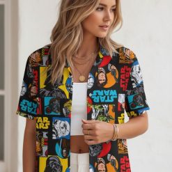 Infographic showing Star Wars tiki shirt specifications with size chart and Hawaiian shirt feature callouts