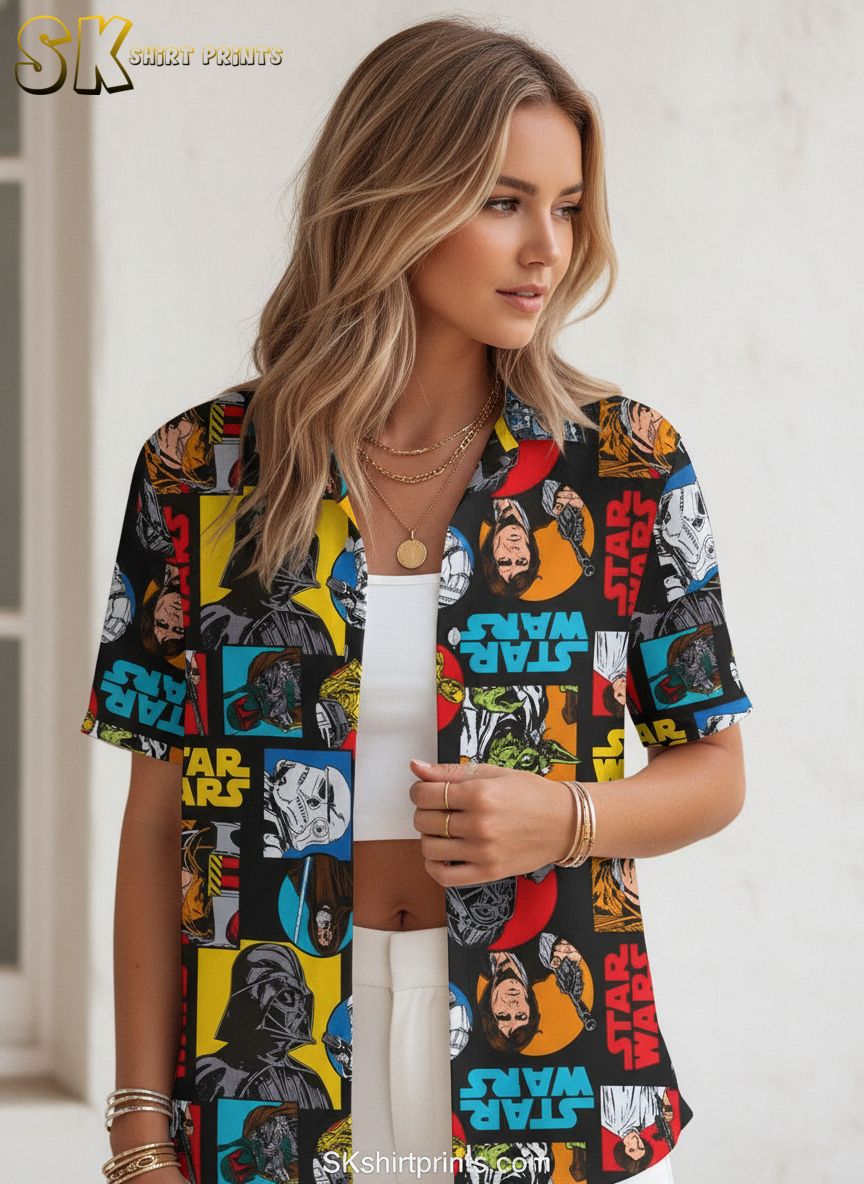 Infographic showing Star Wars tiki shirt specifications with size chart and Hawaiian shirt feature callouts