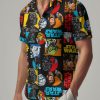 Star Wars Hawaiian shirts displayed showing tropical galactic pattern with iconic characters and palm leaf motifs