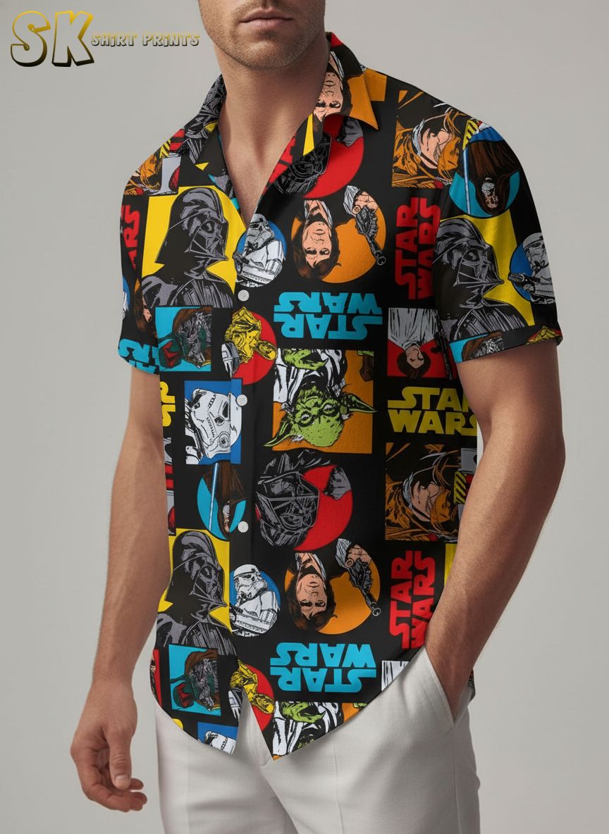 Star Wars Hawaiian shirts displayed showing tropical galactic pattern with iconic characters and palm leaf motifs