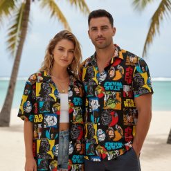 Infographic showing Star Wars tiki shirt specifications with size chart and Hawaiian shirt feature callouts