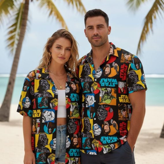 Infographic showing Star Wars tiki shirt specifications with size chart and Hawaiian shirt feature callouts