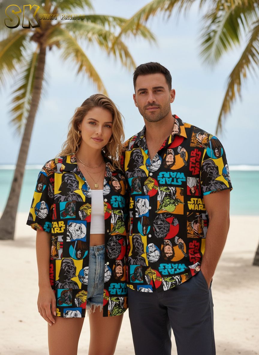 Infographic showing Star Wars tiki shirt specifications with size chart and Hawaiian shirt feature callouts