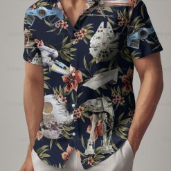 Man modeling star wars aloha shirt outdoors showing detailed galactic tropical pattern design