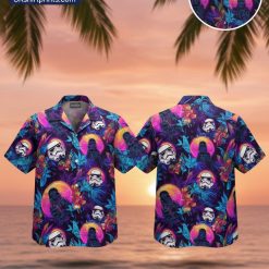 Male model wearing Star Wars aloha shirt with tropical galaxy print in casual lifestyle setting