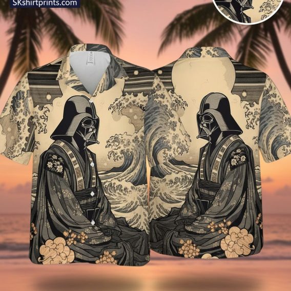 Man wearing Star Wars tiki style Aloha shirt with tropical galaxy design in outdoor lifestyle setting