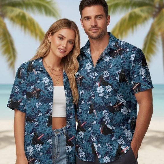 Male model wearing black Star Wars Hawaiian shirt with galaxy print in casual outdoor lifestyle setting