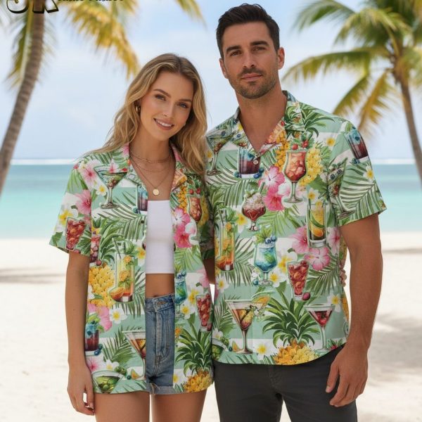 Cocktail Hawaiian Shirt for Men - Tropical Drinks Button Down Beach Shirt Short Sleeve Summer Aloha Shirt